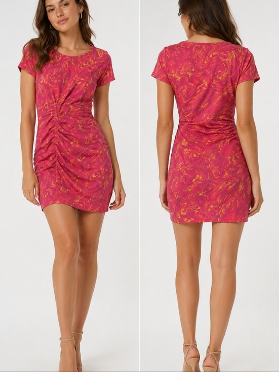 The Kit Dresses & Skirts - The Kit Ruched Swirl Print Sheath Dress Pink Orange Abstract Ruched Size Small